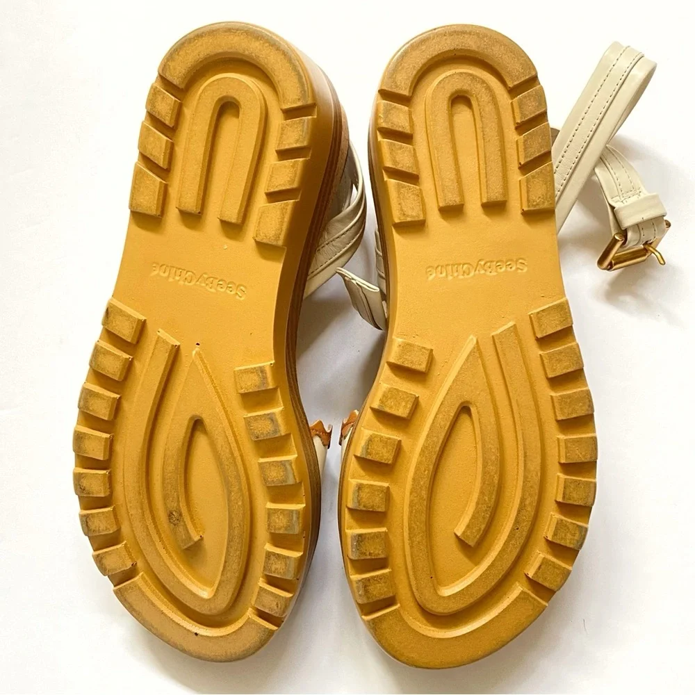 SEE BY CHLOE ROBIN BROWN TAN WHITE ANKLE WRAP BICOLOR PLATFORM WEDGE SANDALS - Picture 7 of 14